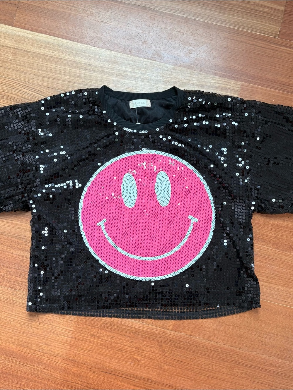 Altar'd State Black Sequin Sweater with Pink Smiley Accent - size M - NWT